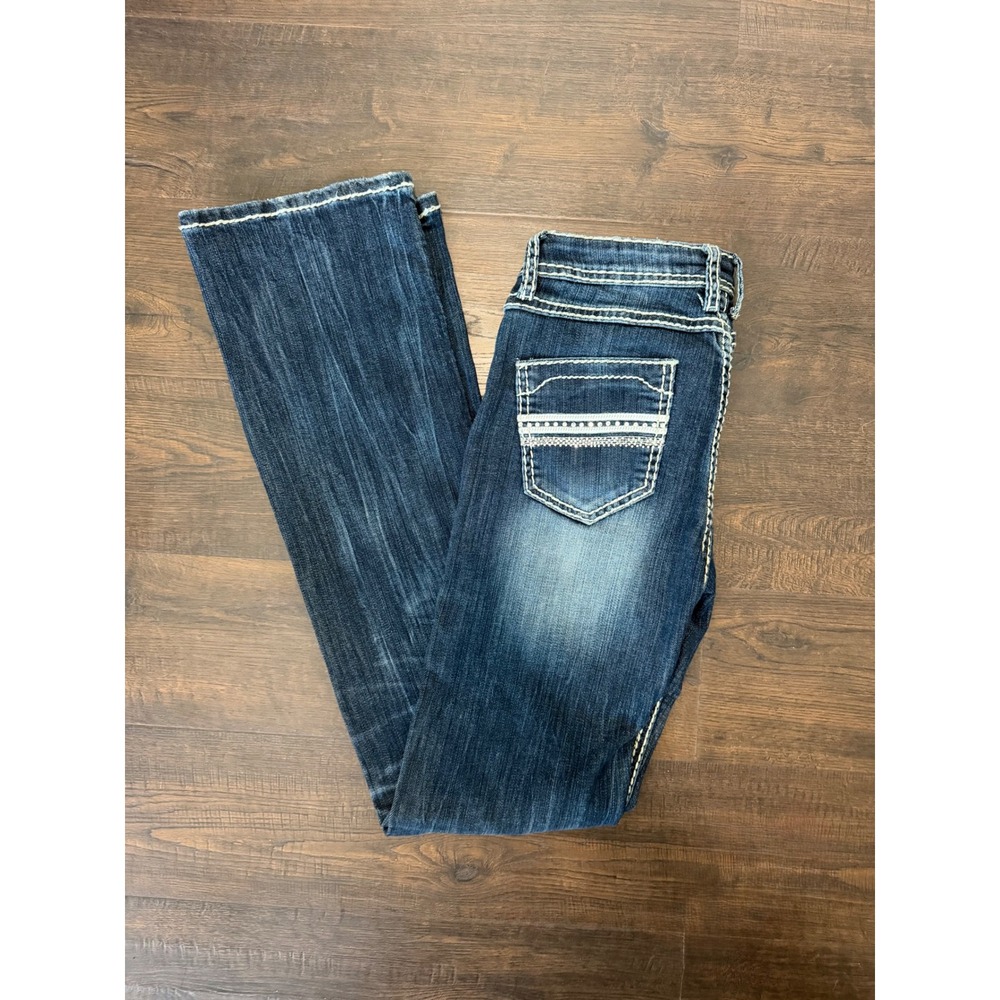 Cambridge Womens Dark Wash Bootcut Jeans Rhinestone Contrast Stitch Y2K Size 6